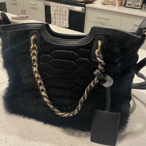David Jones quilted faux fur trim luxurious black handbag